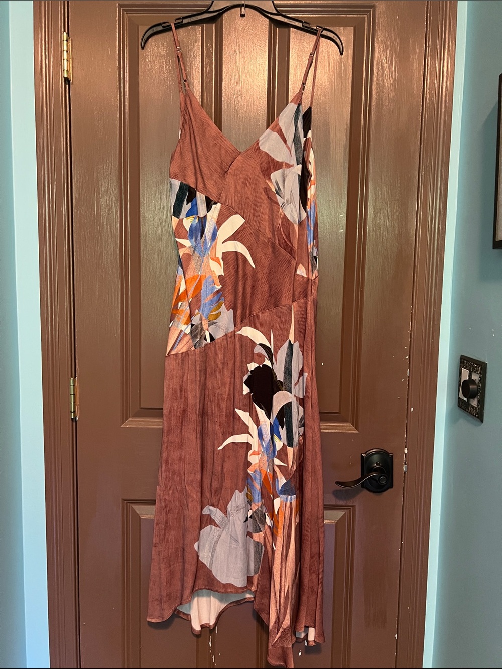 Anthropologie Floral Print Brown Slip Dress with Spaghetti Straps L